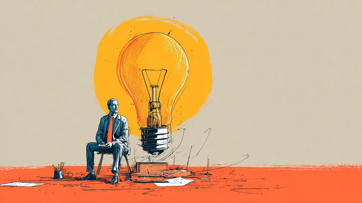 Ilustracija muškarca u odelu koji sedi pored ogromne sijalice kao simbola ideje i inspiracije
