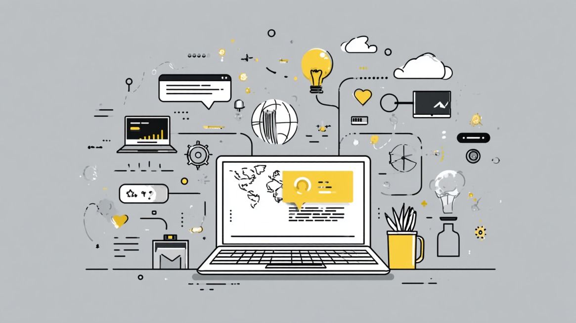Ilustracija laptopa sa digitalnim ikonama oko njega, uključujući sijalicu, grafikone, poruke i globus, što simbolizuje online prisustvo i digitalnu komunikaciju