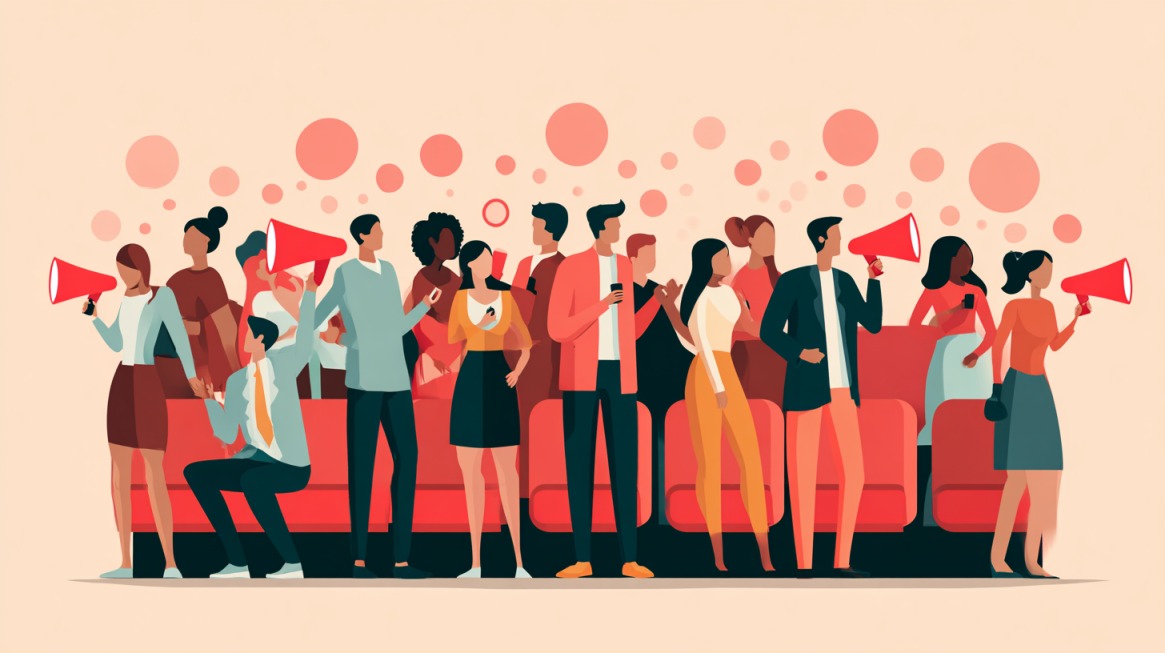 Ilustracija grupe ljudi, neki sa megafonima, što simbolizuje marketing, promociju i privlačenje publike u online biznisu