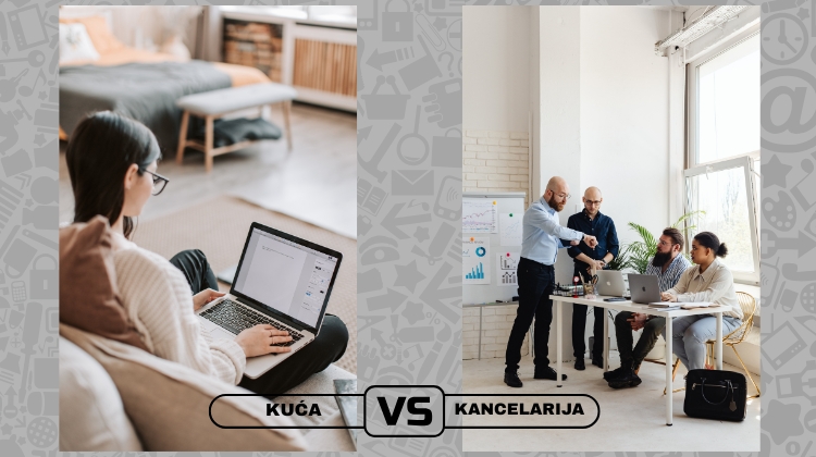 Poređenje rada od kuće i rada u kancelariji kroz dve fotografije: žena radi na laptopu kod kuće dok tim diskutuje u kancelariji.
